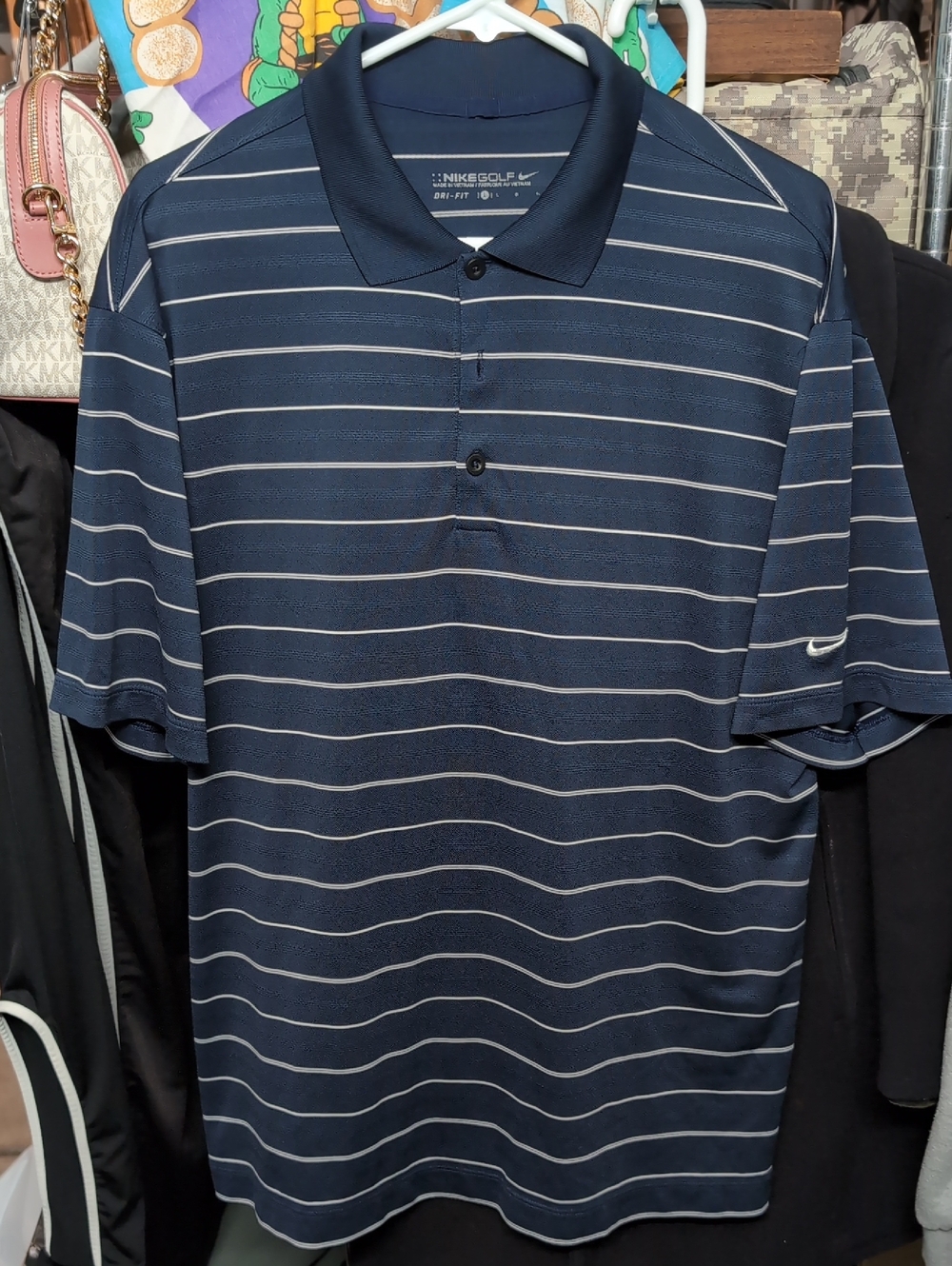 Nike Navy and White Striped Golf Polo Dri Fit Large L